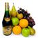 Cognac and fruits. This excellent gift set includes fresh fruit and a bottle of fine cognac.